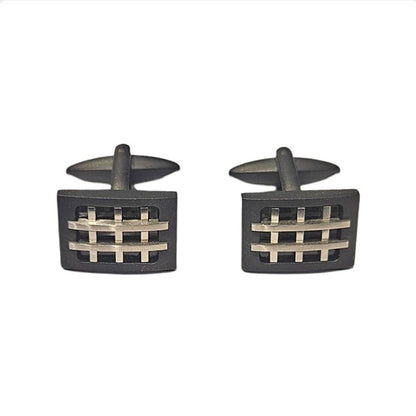 Matte Black Ion-Plated Steel Cufflinks with Polished Silver Grid Inlay