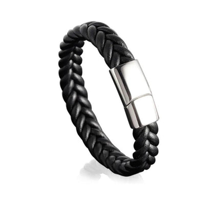 Men’s Black Braided Genuine Leather Bracelet with Stainless Steel Clasp