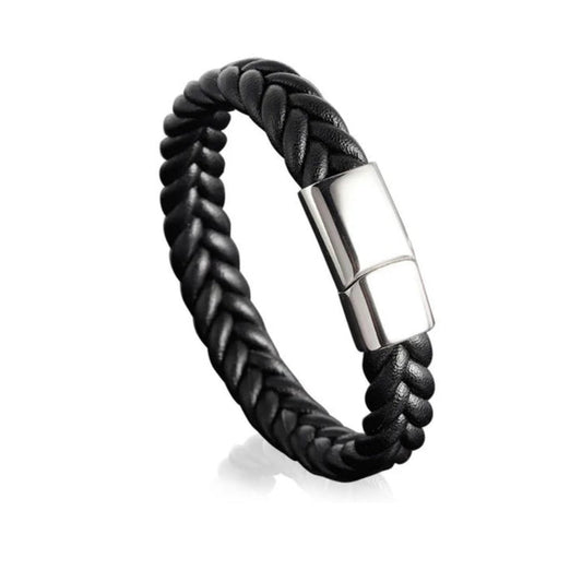 Men’s Black Braided Genuine Leather Bracelet with Stainless Steel Clasp