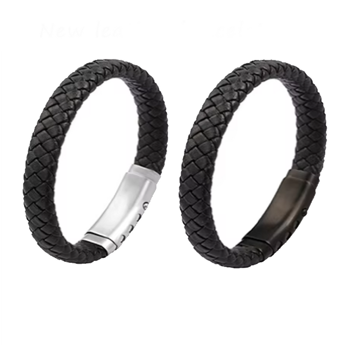 Men’s Black Braided Leather Bracelet with Stainless Steel Adjustable Clasp