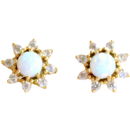 Pair of gold earrings with opal stones on a white background