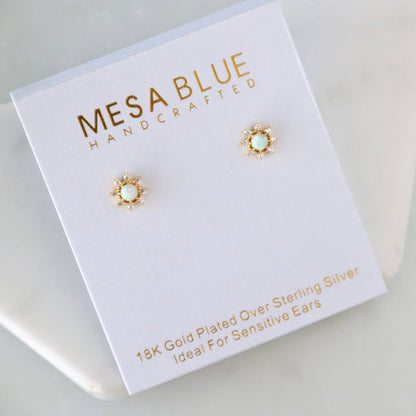 Mesa Blue handcrafted earrings on a white card with gold text