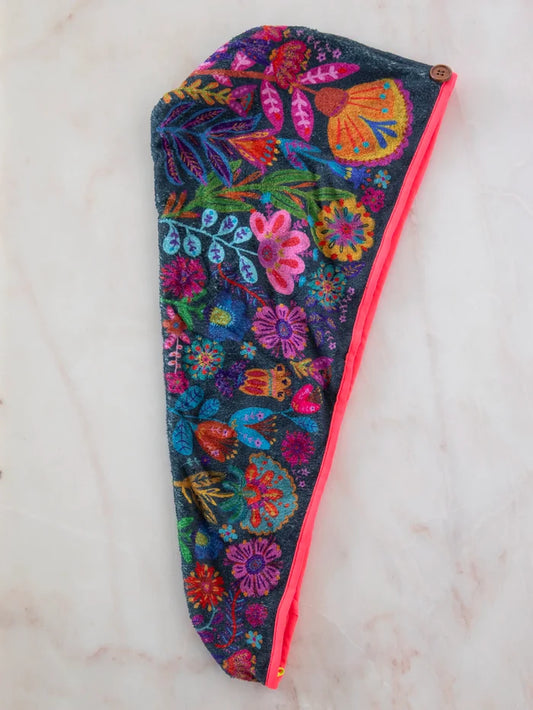 Microfiber Hair Towel Wrap - Charcoal Folk Flower-view 1