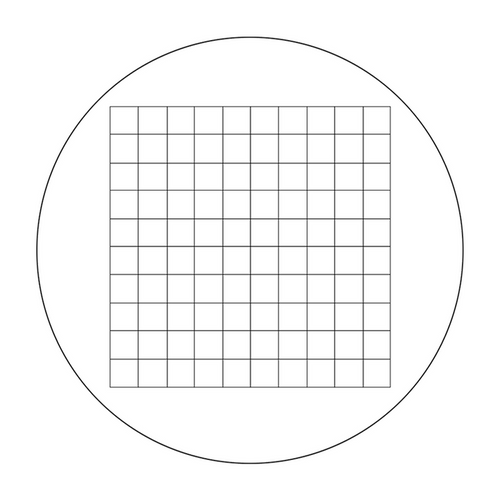 Microscope Eyepiece Reticle Net Grid Micrometer 10x10mm, 100 Squares, Dia. 22mm 1.5mm, SKU RT20105141, three quarter front view
