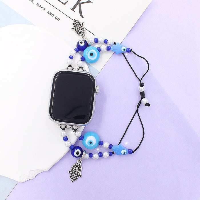 MysticEye Beaded Bracelet Band For Apple Watch — Enchanting Symbols: Each band is adorned with the Hamsa hand and evil eye beads, symbols of protection and good fortune.