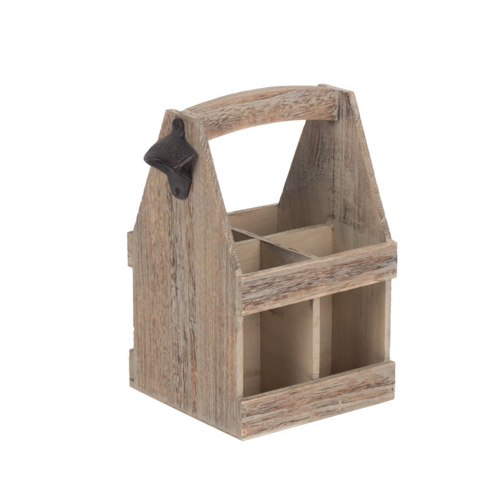 Oak Effect 4 Beer Bottle Carrier with Bottle Opener