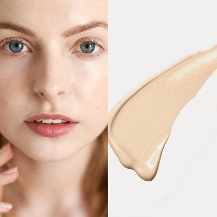 Oat Milk Foundation swatch in Latte shade (fair cool) next to a model wearing the same shade.
