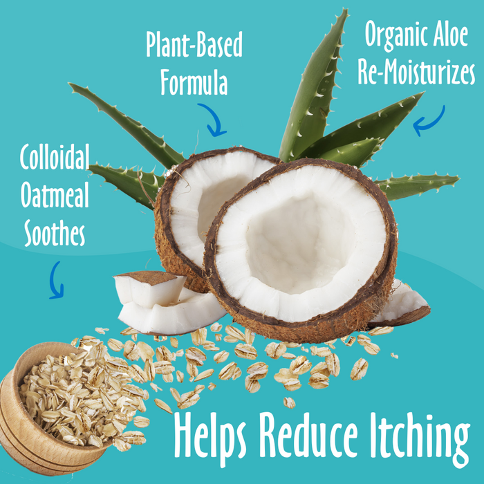 Helps Reduce Itching elements like Oatmeal, Organic Aloe, Plant-Based and their benefits.