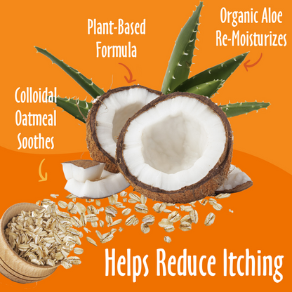 Helps Reduce Itching elements like Oatmeal, Organic Aloe, Plant-Based and their benefits.