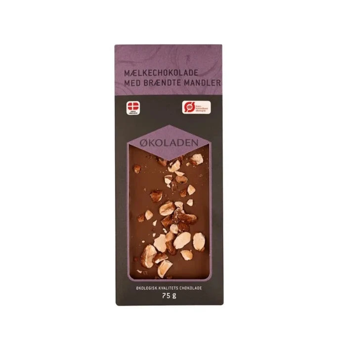 ØKOLADEN -  ØKOLOGISK MÆLKECHOKOLADE - BRÆNDTE MANDLER - 75 g.