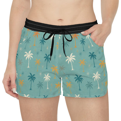 Palm Print Lounge Shorts — Teal Tropical Women's Casual Shorts