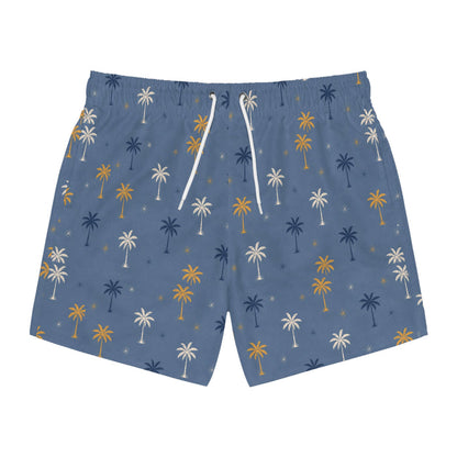 Palm Tree Swim Trunks — Blue All-Over Print Beach Shorts