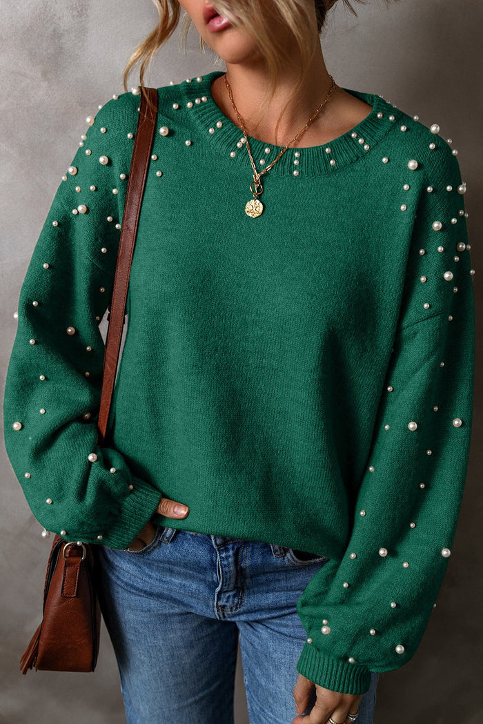 Pearl Embellished Crew Neck Knit Sweater