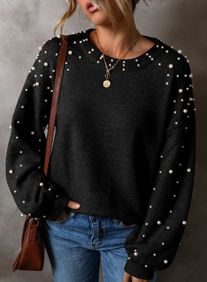 Pearl Embellished Crew Neck Knit Sweater