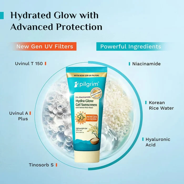 PILGRIM 5% NIACINAMIDE HYDRA GLOW GEL SUNSCREEN SPF 50+ PA++++ 50ML