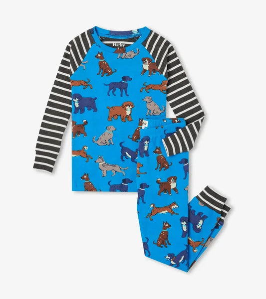 Hatley boys Playful Puppies organic cotton pajama set in Blue/Gray with raglan sleeves and matching pants.