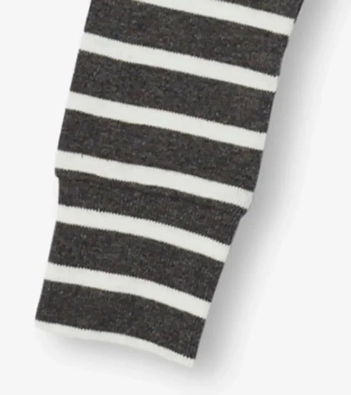Closeup of Hatley boys pajama cuff with gray stripe sleeve and dark contrast trim.