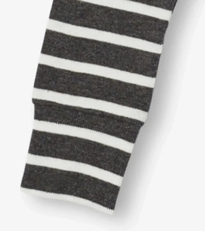 Closeup of Hatley boys pajama cuff with gray stripe sleeve and dark contrast trim.