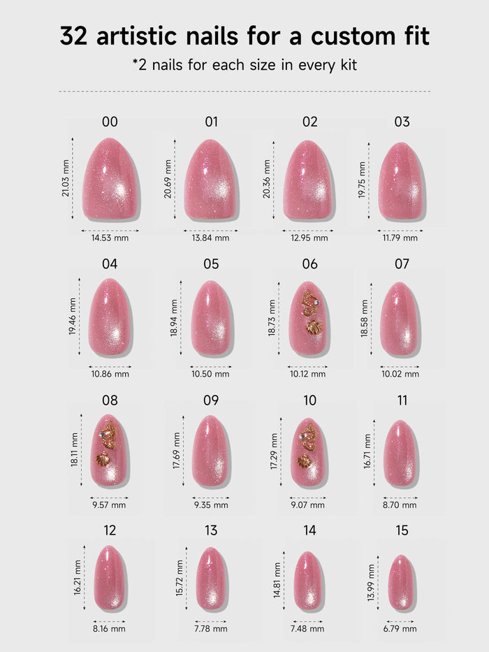 Chart displaying 32 artistic nails with measurements for a custom fit, featuring pink nails.