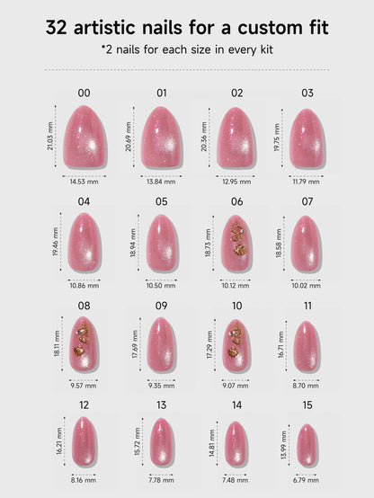 Chart displaying 32 artistic nails with measurements for a custom fit, featuring pink nails.