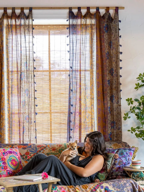 Printed Curtain Panel - Grey Periwinkle Border-view 1
