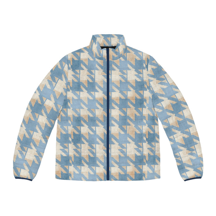 Puffer Jacket — Soft Blue Houndstooth All-Over Print