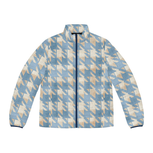 Puffer Jacket — Soft Blue Houndstooth All-Over Print