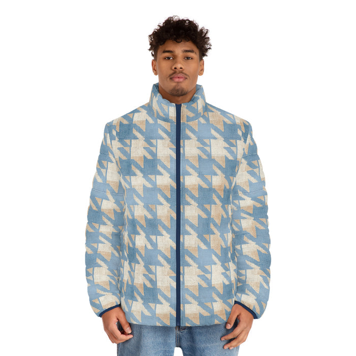 Puffer Jacket — Soft Blue Houndstooth All-Over Print