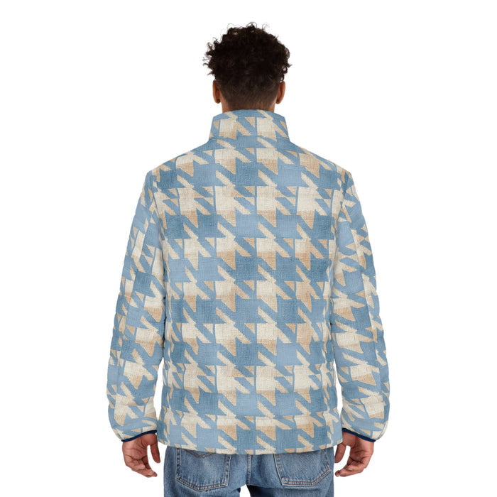 Puffer Jacket — Soft Blue Houndstooth All-Over Print