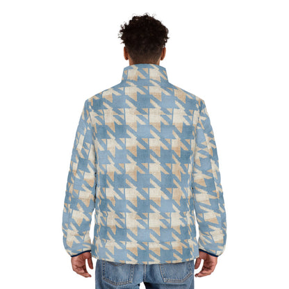 Puffer Jacket — Soft Blue Houndstooth All-Over Print