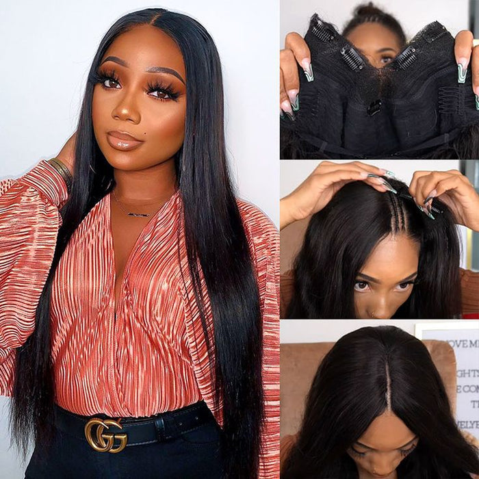 qvr natural black silky straight v part wig human hair wigs
