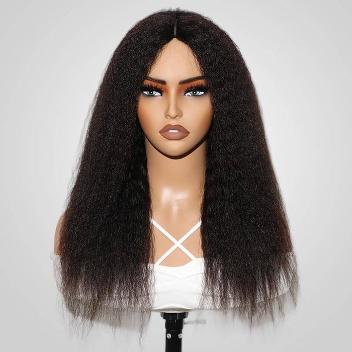 kinky straight v part wigs on wig stand front view