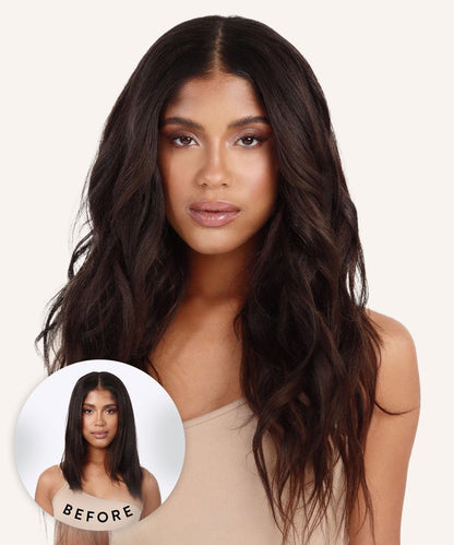 A woman with long, voluminous, wavy dark hair stares ahead confidently. An inset shows her change from straight, shoulder-length hair.
