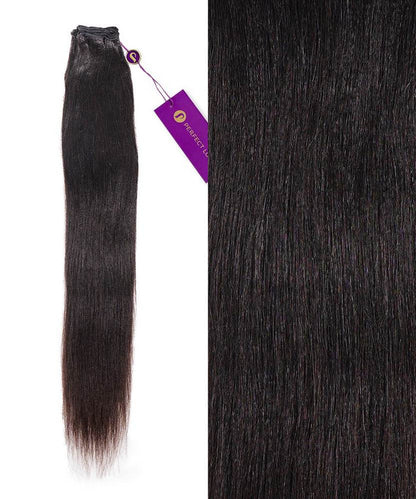 A bundle of straight, dark brown human hair extensions with a purple tag, shown as a full bundle left and close-up right.