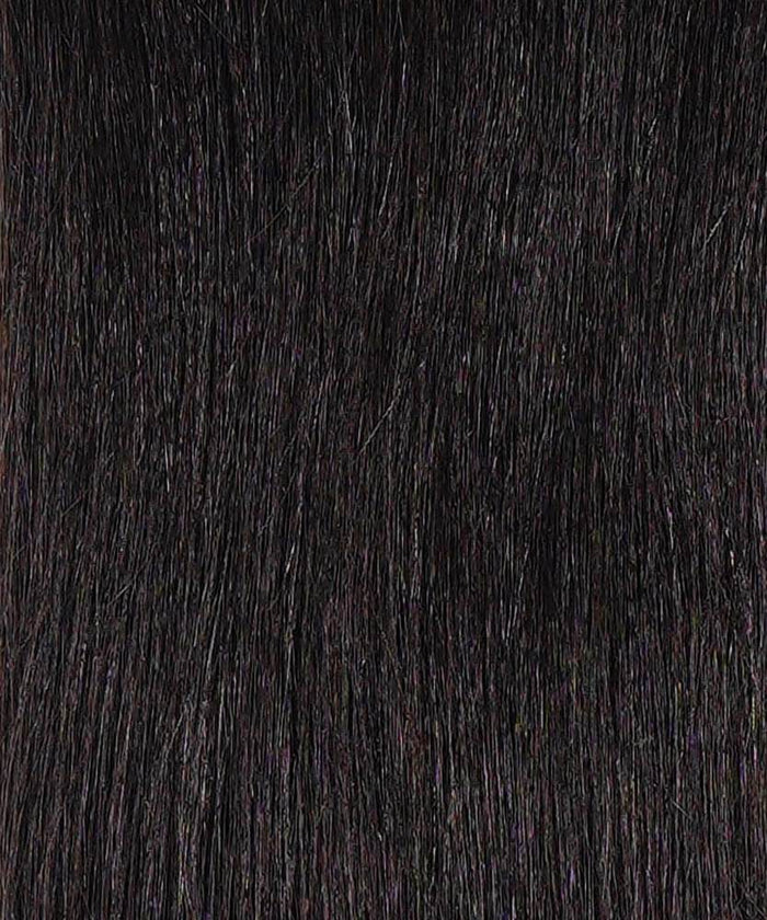 Close-up view of straight, dark brown to black human hair, highlighting its smooth texture and natural shine with a silky finish.