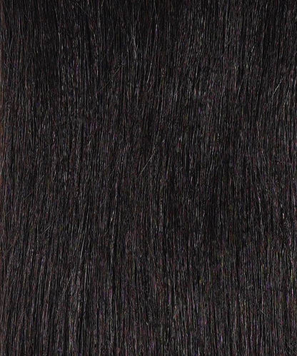 Close-up view of straight, dark brown to black human hair, highlighting its smooth texture and natural shine with a silky finish.