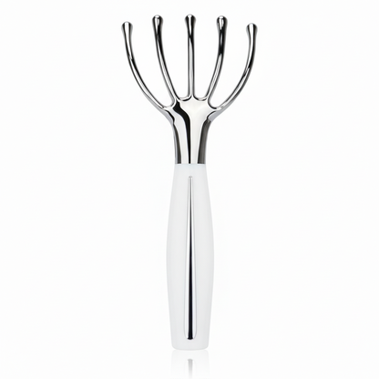 Metallic reflexology tool with white handle on a white background