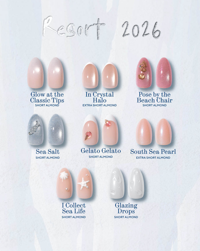 Nail color swatches with names and descriptions on a light blue background