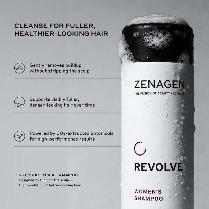 Zenagen Revolve Women's Shampoo gently cleanses buildup, supports scalp health, and helps hair appear fuller, denser, and healthier-looking over time.