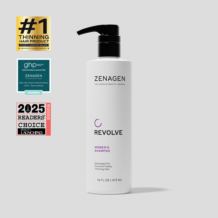 Zenagen Revolve Women’s Shampoo 16 oz professional pump bottle for fine and visibly thinning hair, salon-quality formula that supports scalp health and visibly fuller, denser-looking hair.