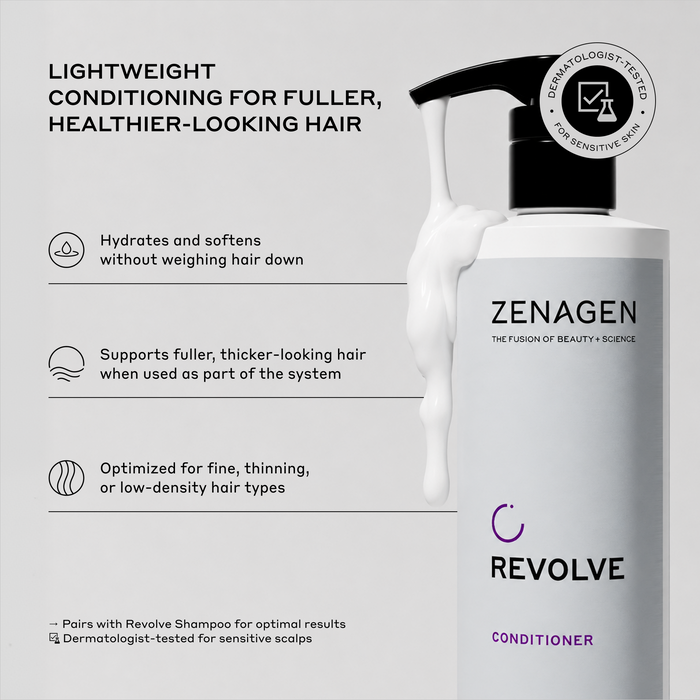 Zenagen Revolve Conditioner bottle with white foam dripping from a black pump, shown on a light gray background with product benefits text and a dermatologist-tested badge.