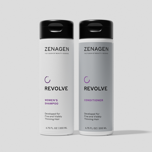 Zenagen Revolve Women’s Shampoo and Conditioner duo for fine and visibly thinning hair, 6.75 fl oz bottles with minimalist white and gray packaging on a clean background.