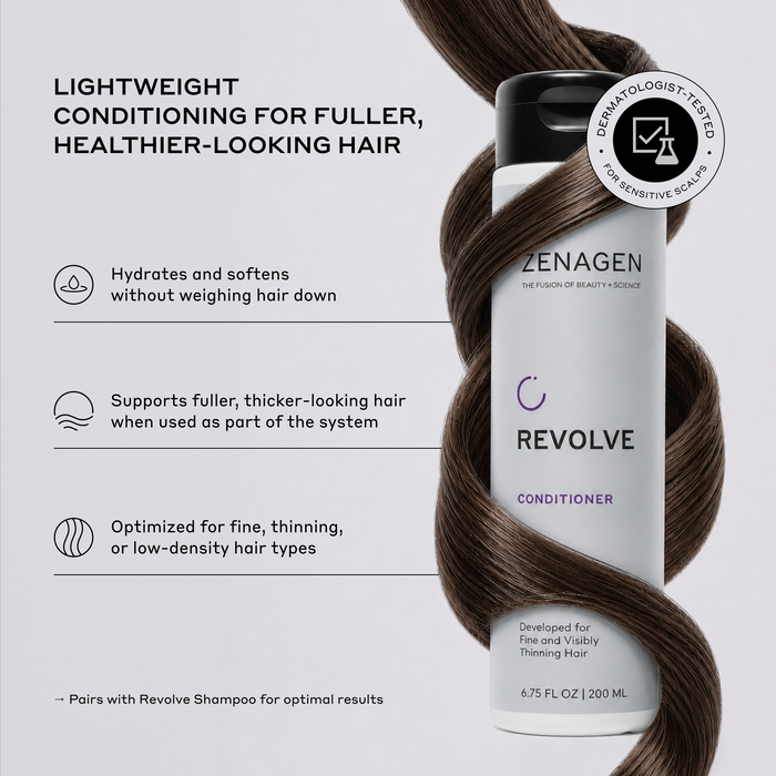 Zenagen Revolve lightweight conditioner wrapped in smooth hair strands, showcasing hydration, softness, and support for fuller, thicker-looking hair without weighing it down