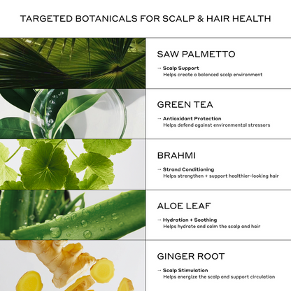 Zenagen Revolve botanical ingredients including saw palmetto, green tea, brahmi, aloe vera, and ginger root to support scalp balance, hydration, and healthier-looking hair