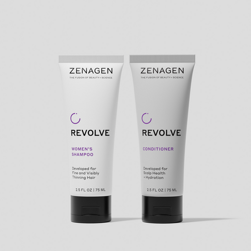 Zenagen Revolve Women’s Shampoo and Conditioner travel duo for fine and visibly thinning hair, scalp-focused cleansing and hydration system