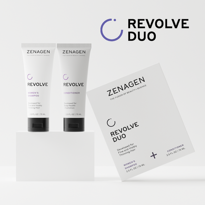 Zenagen Revolve Women’s Travel Duo featuring shampoo and conditioner developed for fine and visibly thinning hair appearance.