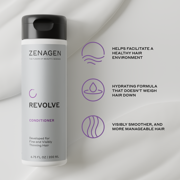 Zenagen Revolve Conditioner bottle with product features for thinning and shedding hair on a light gray background
