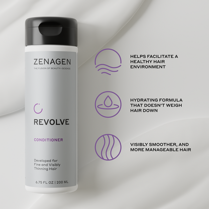 Zenagen Revolve Conditioner bottle with product features for thinning and shedding hair on a light gray background