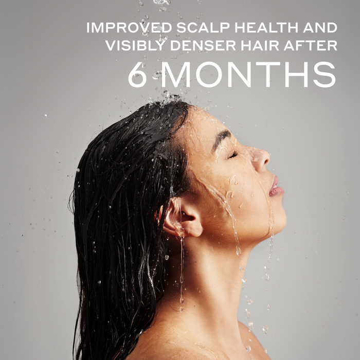 improved scalp health and visibly denser hair after six months