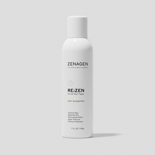 Zenagen RE:ZEN Dry Shampoo aerosol spray for all hair types, lightweight formula that absorbs oil, refreshes hair, eliminates odor, and adds texture without residue.